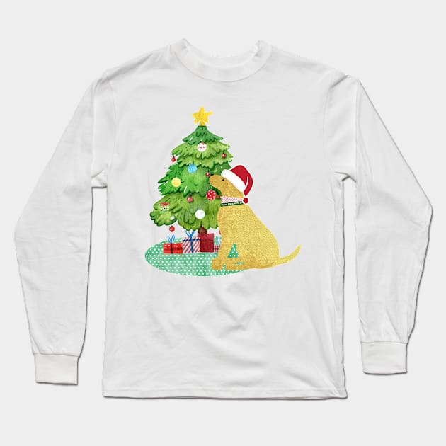 Golden Retriever Decorating Christmas Tree Long Sleeve T-Shirt by emrdesigns